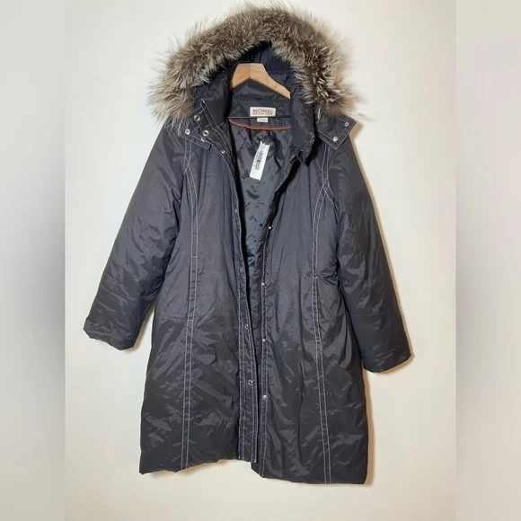 Michael Kors Long Down Coat Jacket Black Womens Size Large Hooded Parka NWT